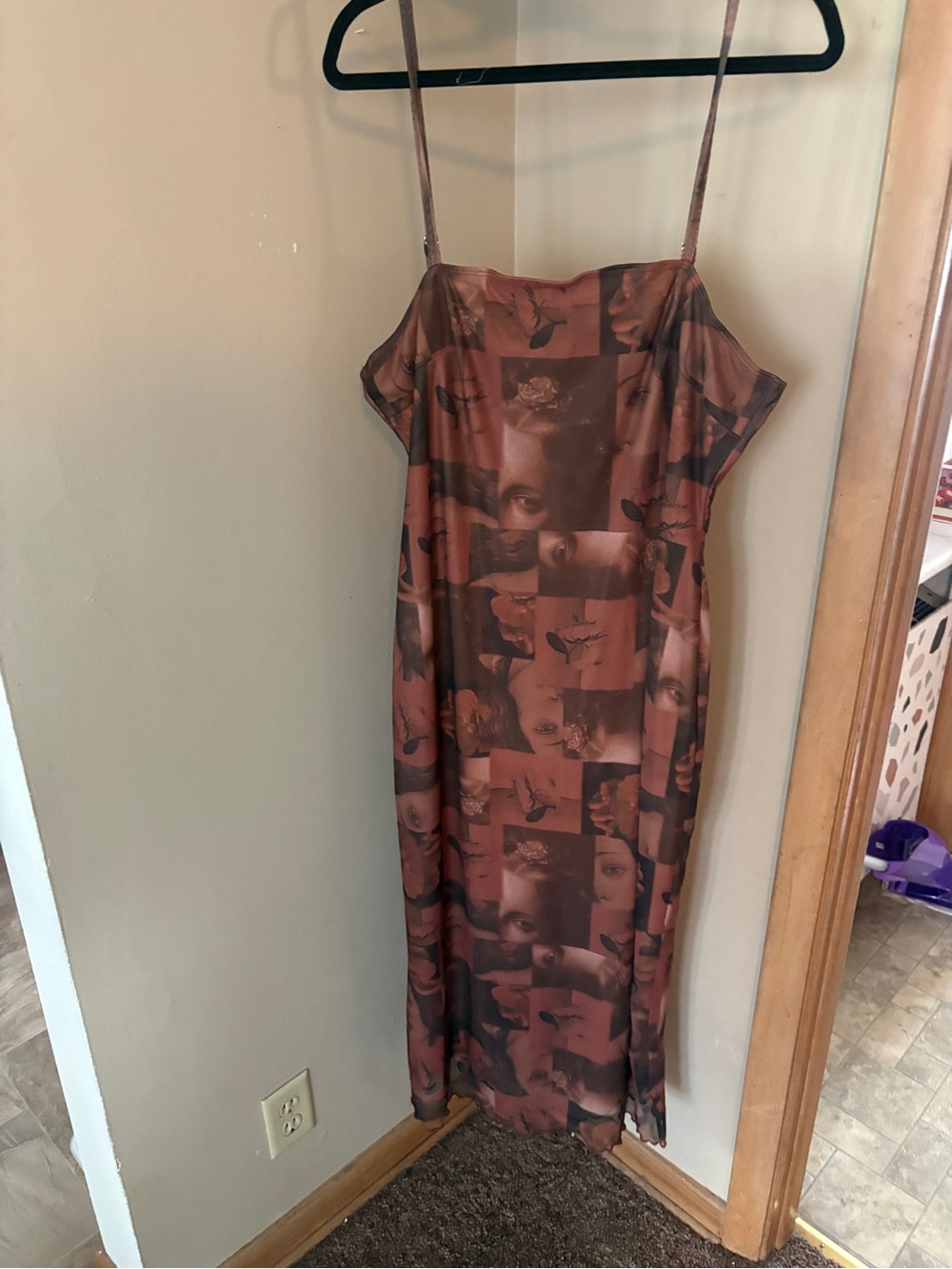 Cider Rust Brown Printed Slip Midi Dress with Spaghetti Straps
